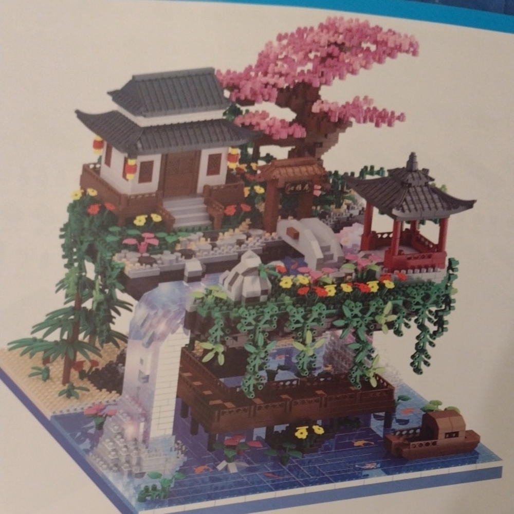 Miniature Japanese Garden Sculpture with Pink Cherry Blossom